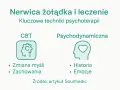 Grafika przedstawia metody leczenia nerwicy żołądka: CBT (zmiana myśli, zachowania) i psychodynamiczną (historia, emocje).