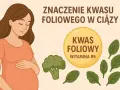 Ciężarna kobieta, brokuł, szpinak i okrąg z napisem "Kwas foliowy witamina B9". Kwas foliowy na co? Na zdrowy rozwój dziecka.