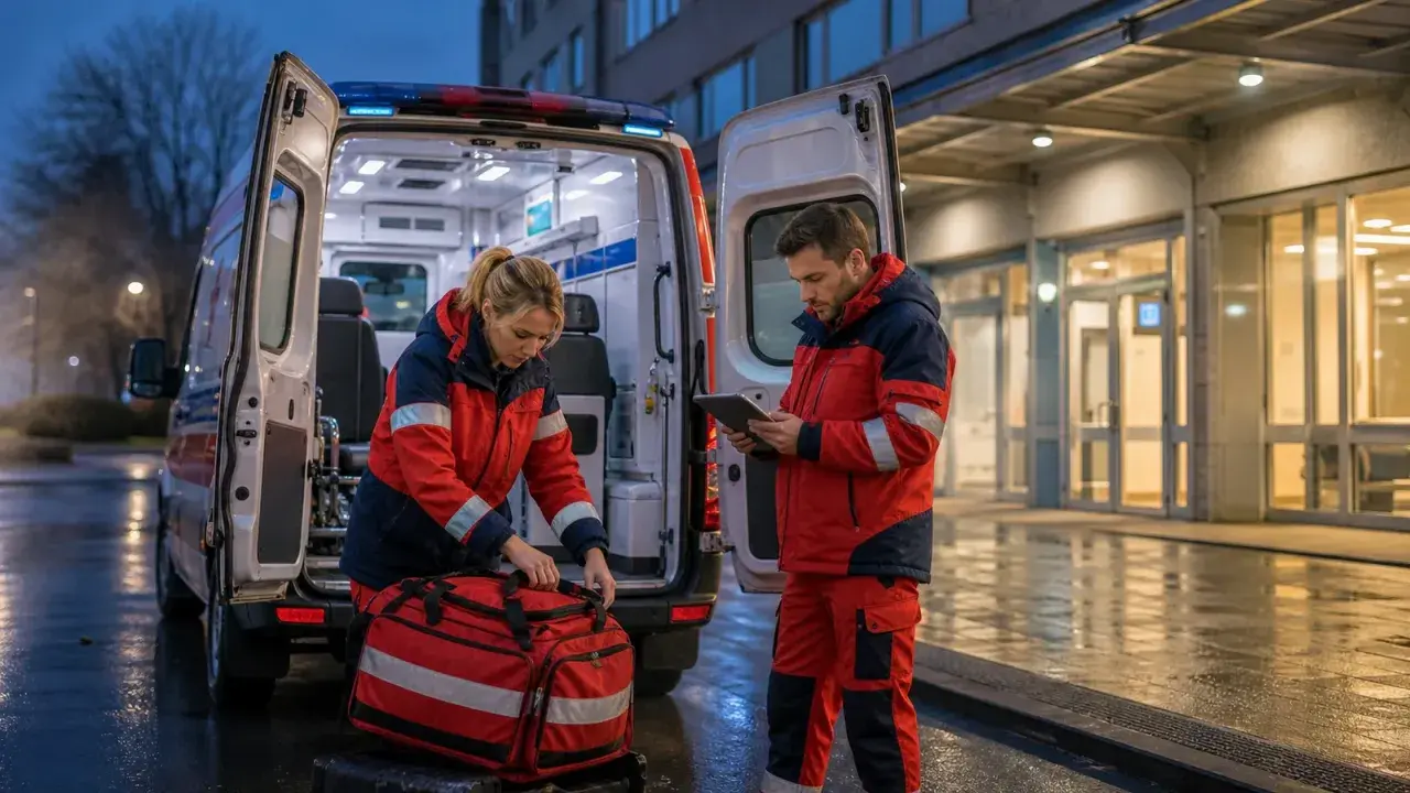 Ratownicy medyczni przy ambulansie. Zastanawiasz się, ile zarabia ratownik medyczny? To praca pełna wyzwań.