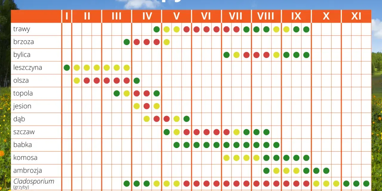 Kalendarz pylenia w Polsce: w marcu pylą leszczyna, olsza, topola, jesion, dąb, szczaw, babka, komosa, Cladosporium i Alternaria.
