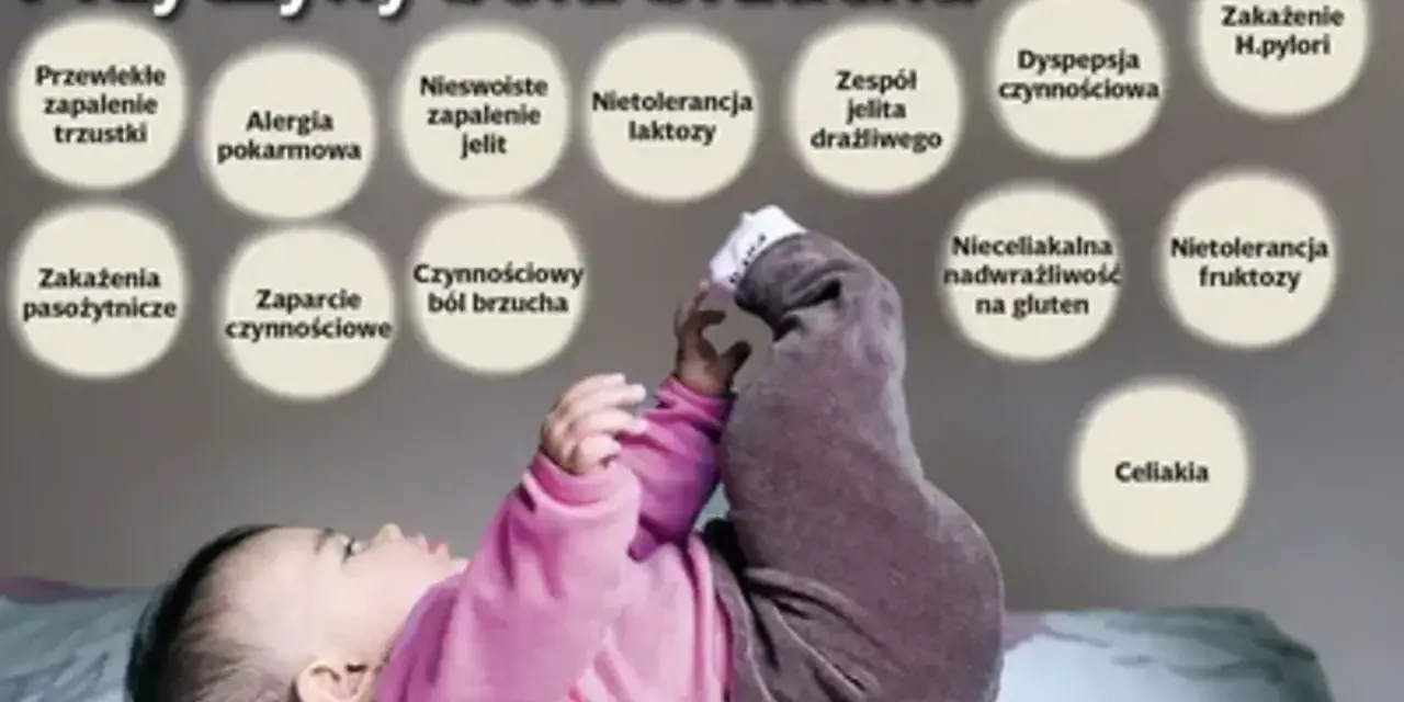 Dziecko z podkurczonymi nóżkami, nad którym widnieją kółka z przyczynami bólu brzucha u dziecka, np. nietolerancja laktozy.