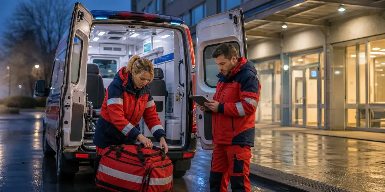 Ratownicy medyczni przy ambulansie. Zastanawiasz się, ile zarabia ratownik medyczny? To praca pełna wyzwań.