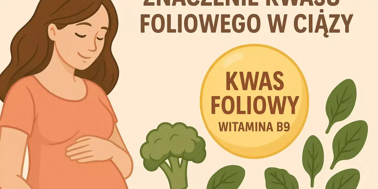 Ciężarna kobieta, brokuł, szpinak i okrąg z napisem "Kwas foliowy witamina B9". Kwas foliowy na co? Na zdrowy rozwój dziecka.