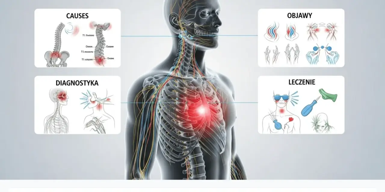 Ból w mostku od kręgosłupa: przyczyny, objawy, diagnostyka i leczenie. Ilustracja przedstawia anatomię człowieka z zaznaczonymi obszarami bólu.