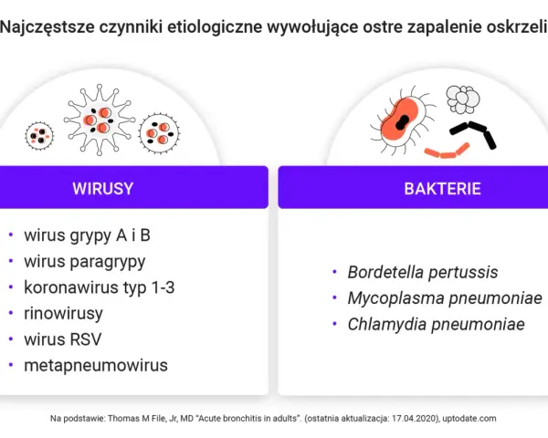 Ostre zapalenie oskrzeli jest zaraźliwe. Lista wirusów (grypa, paragrypa, koronawirus, rinowirus, RSV, metapneumowirus) i bakterii (Bordetella pertussis, Mycoplasma pneumoniae, Chlamydia pneumoniae) wywołujących chorobę.