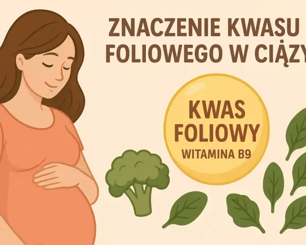 Ciężarna kobieta, brokuł, szpinak i okrąg z napisem "Kwas foliowy witamina B9". Kwas foliowy na co? Na zdrowy rozwój dziecka.