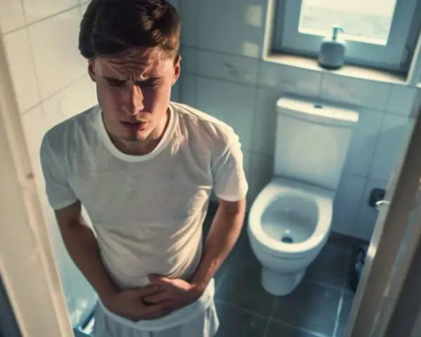 Młody mężczyzna w łazience, trzymający się za brzuch, zaniepokojony objawami, takimi jak śluz w kale.