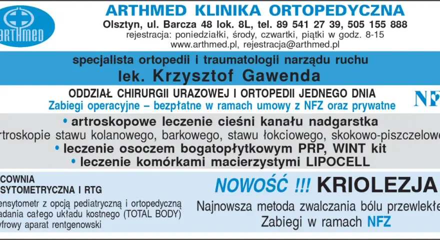 Logo ARTHMED, dane kontaktowe kliniki, specjalista ortopedii i traumatologii, zabiegi artroskopowe, leczenie osoczem i komórkami macierzystymi, kriolezja.
