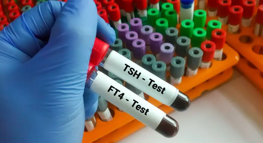 Ręka w niebieskiej rękawiczce trzyma probówki z oznaczeniami TSH i FT4 - Test. To kluczowe badania do oceny funkcji tarczycy.