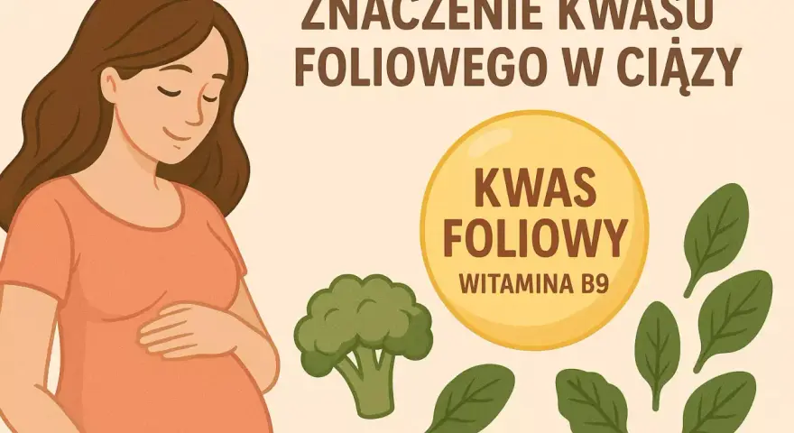 Ciężarna kobieta, brokuł, szpinak i okrąg z napisem "Kwas foliowy witamina B9". Kwas foliowy na co? Na zdrowy rozwój dziecka.