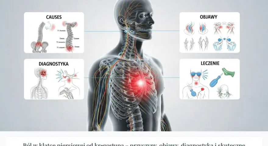 Ból w mostku od kręgosłupa: przyczyny, objawy, diagnostyka i leczenie. Ilustracja przedstawia anatomię człowieka z zaznaczonymi obszarami bólu.
