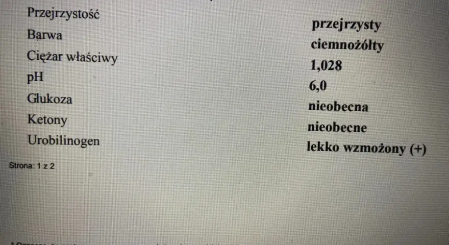 Wynik badania ogólnego moczu: Urobilinogen lekko wzmożony (+).