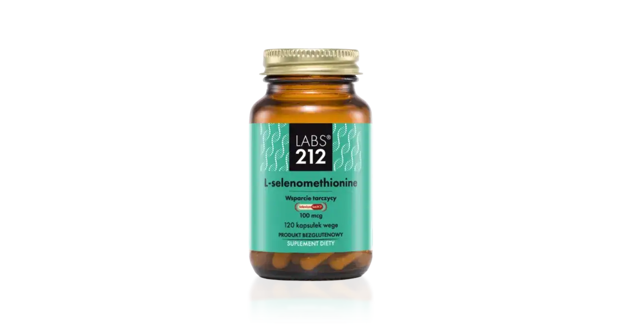 Bursztynowa butelka z kapsułkami L-selenometioniny. Produkt wspiera tarczycę, zawiera selen.