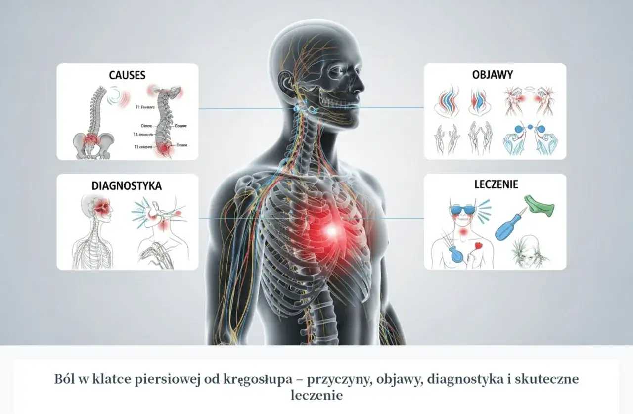 Anatomia człowieka z zaznaczonym kłuciem w sercu. Grafika pokazuje przyczyny, objawy, diagnostykę i leczenie bólu w klatce piersiowej od kręgosłupa.