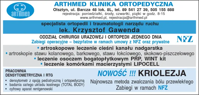 Logo ARTHMED, dane kontaktowe kliniki, specjalista ortopedii i traumatologii, zabiegi artroskopowe, leczenie osoczem i komórkami macierzystymi, kriolezja.